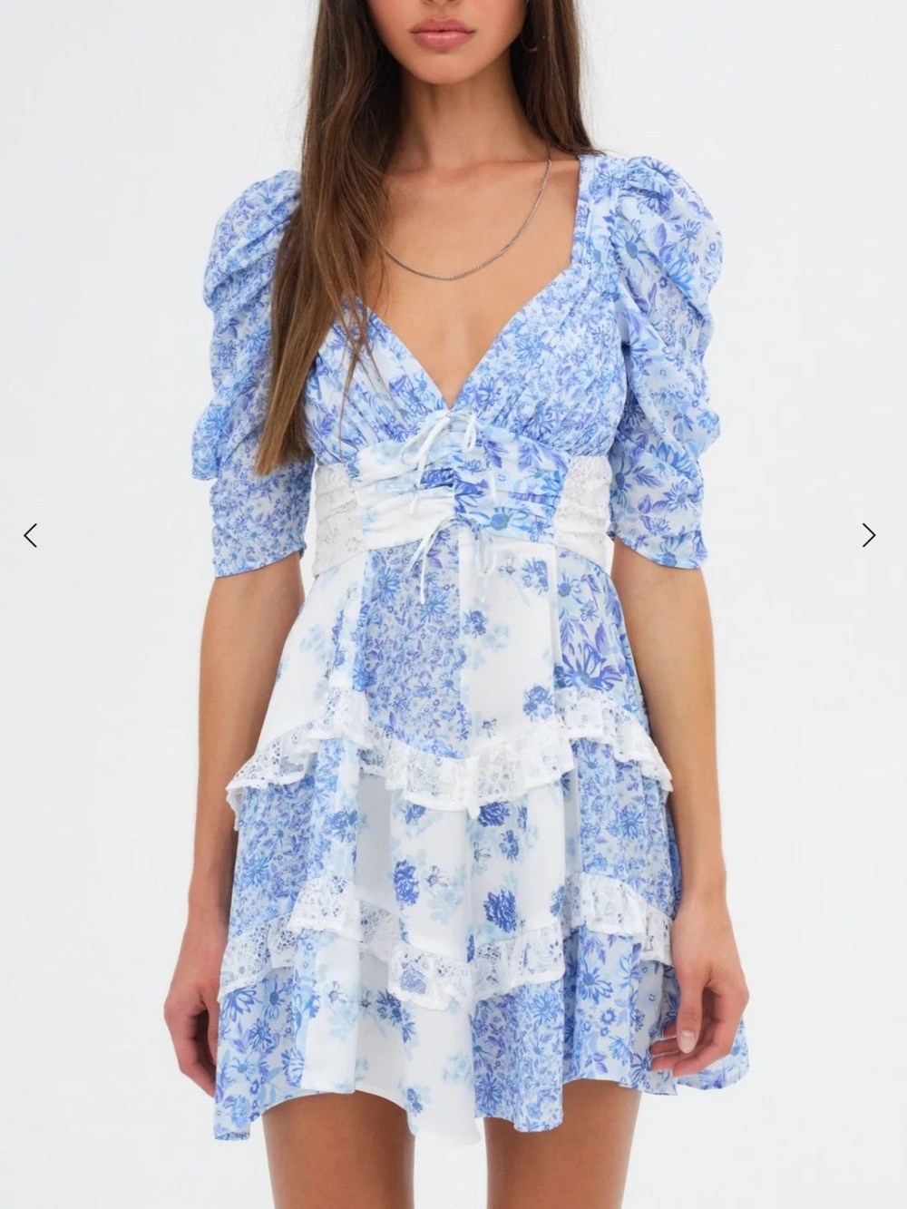 For Love & Lemons Blue and White Floral Lace-Up Mini Dress